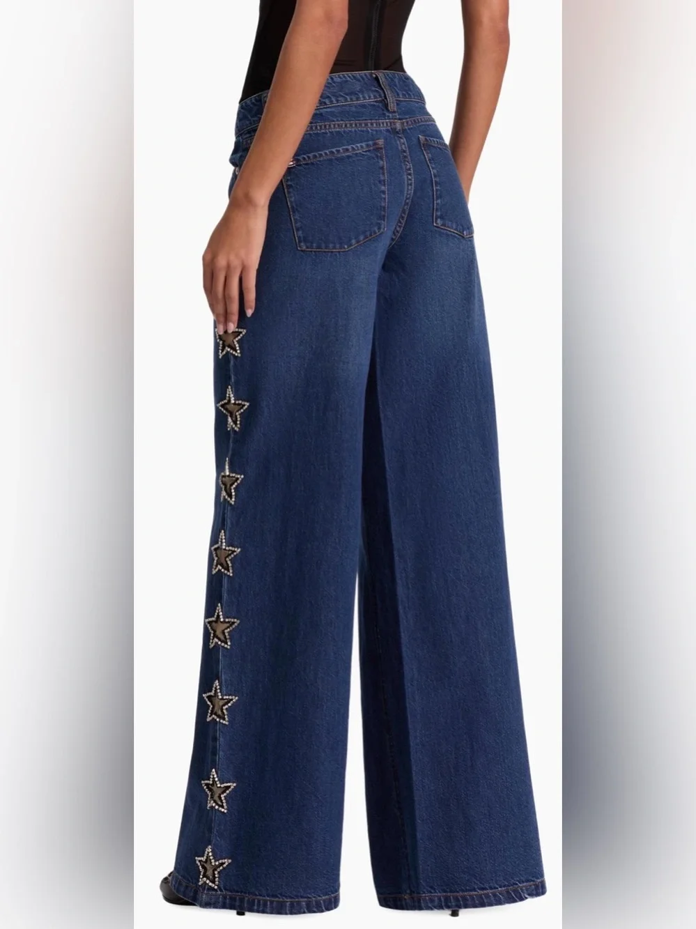 Alice + Olivia Dark Amazing Embellished Mid-Rise Baggy Jeans - Picture 3 of 7